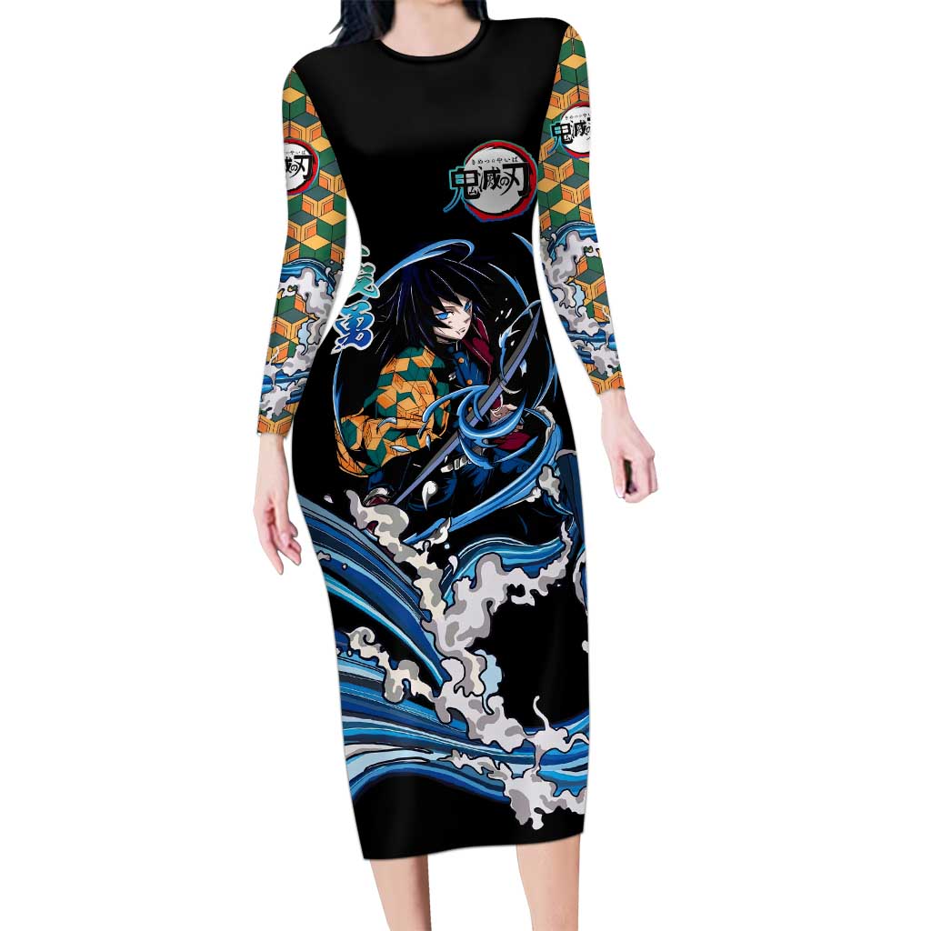Giyu Tomioka Demon Slayer Long Sleeve Bodycon Dress with Green and Orange Cube Water Style Design - The Mazicc