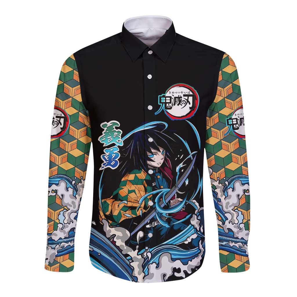 Giyu Tomioka Demon Slayer Long Sleeve Button Shirt with Green and Orange Cube Water Style Design - The Mazicc
