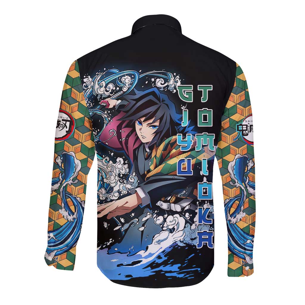 Giyu Tomioka Demon Slayer Long Sleeve Button Shirt with Green and Orange Cube Water Style Design - The Mazicc