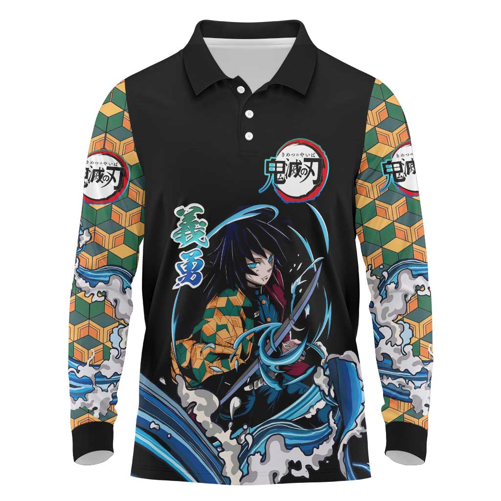Giyu Tomioka Demon Slayer Long Sleeve Polo Shirt with Green and Orange Cube Water Style Design - The Mazicc
