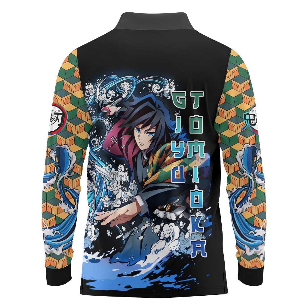 Giyu Tomioka Demon Slayer Long Sleeve Polo Shirt with Green and Orange Cube Water Style Design - The Mazicc