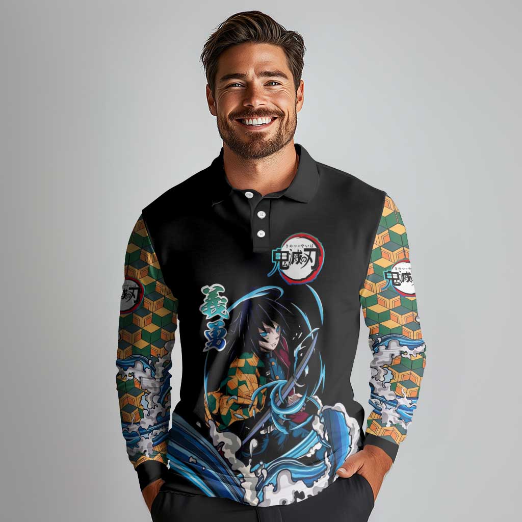 Giyu Tomioka Demon Slayer Long Sleeve Polo Shirt with Green and Orange Cube Water Style Design - The Mazicc