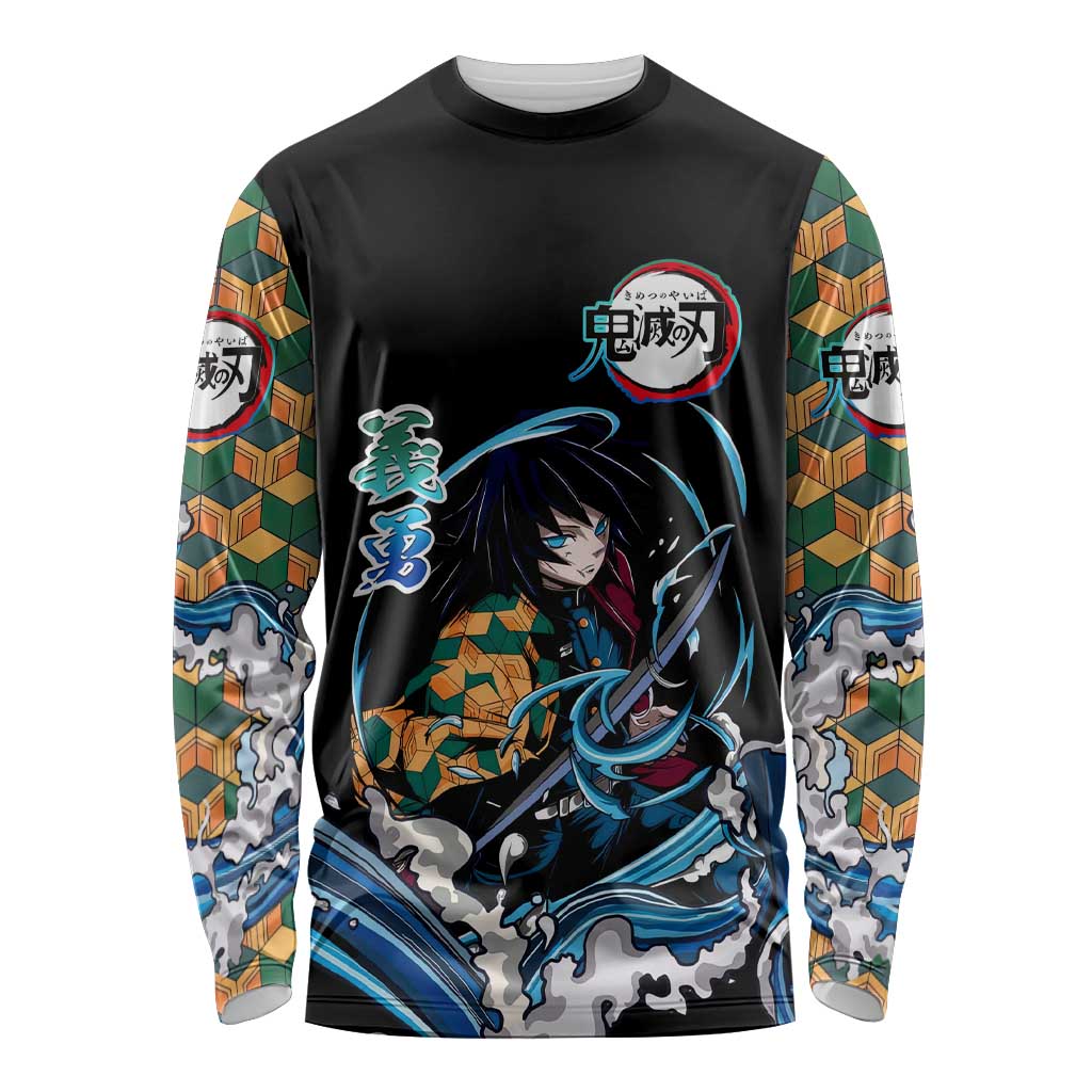 Giyu Tomioka Demon Slayer Long Sleeve Shirt with Green and Orange Cube Water Style Design - The Mazicc