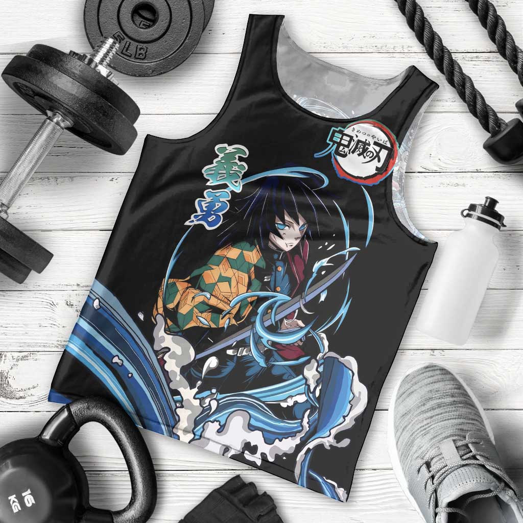 Giyu Tomioka Demon Slayer Men Tank Top with Green and Orange Cube Water Style Design - The Mazicc