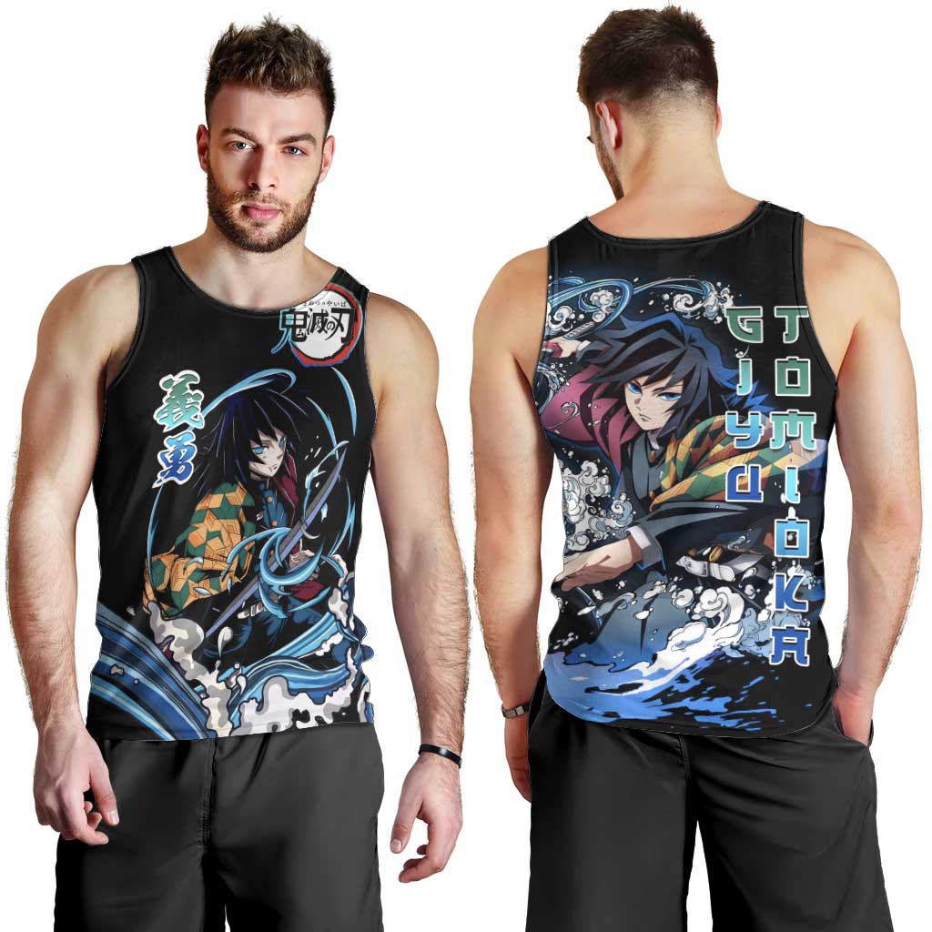 Giyu Tomioka Demon Slayer Men Tank Top with Green and Orange Cube Water Style Design - The Mazicc