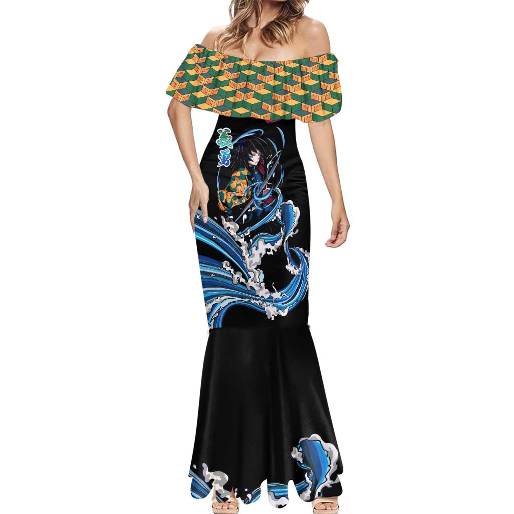 Giyu Tomioka Demon Slayer Mermaid Dress with Green and Orange Cube Water Style Design - The Mazicc