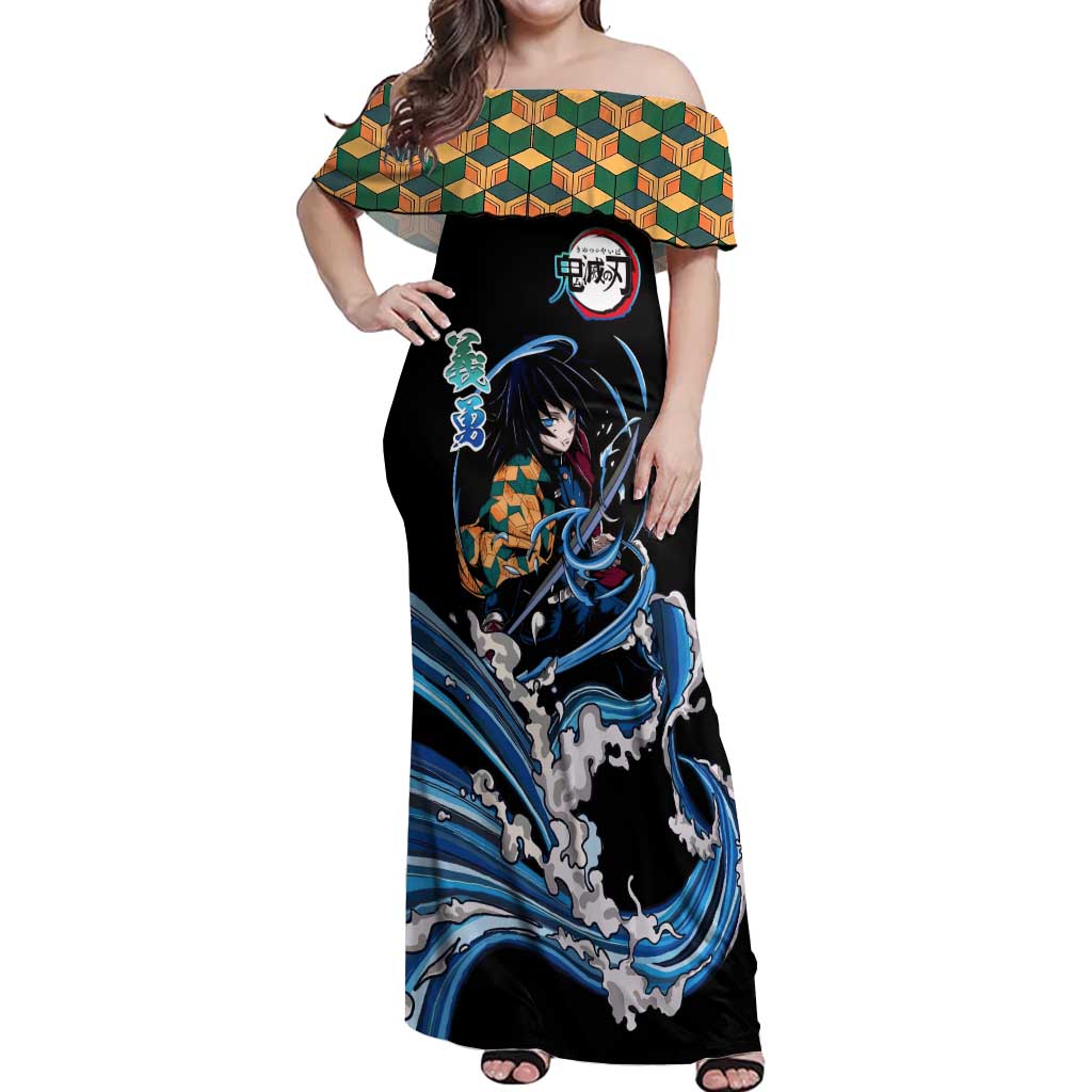 Giyu Tomioka Demon Slayer Off Shoulder Maxi Dress with Green and Orange Cube Water Style Design - The Mazicc