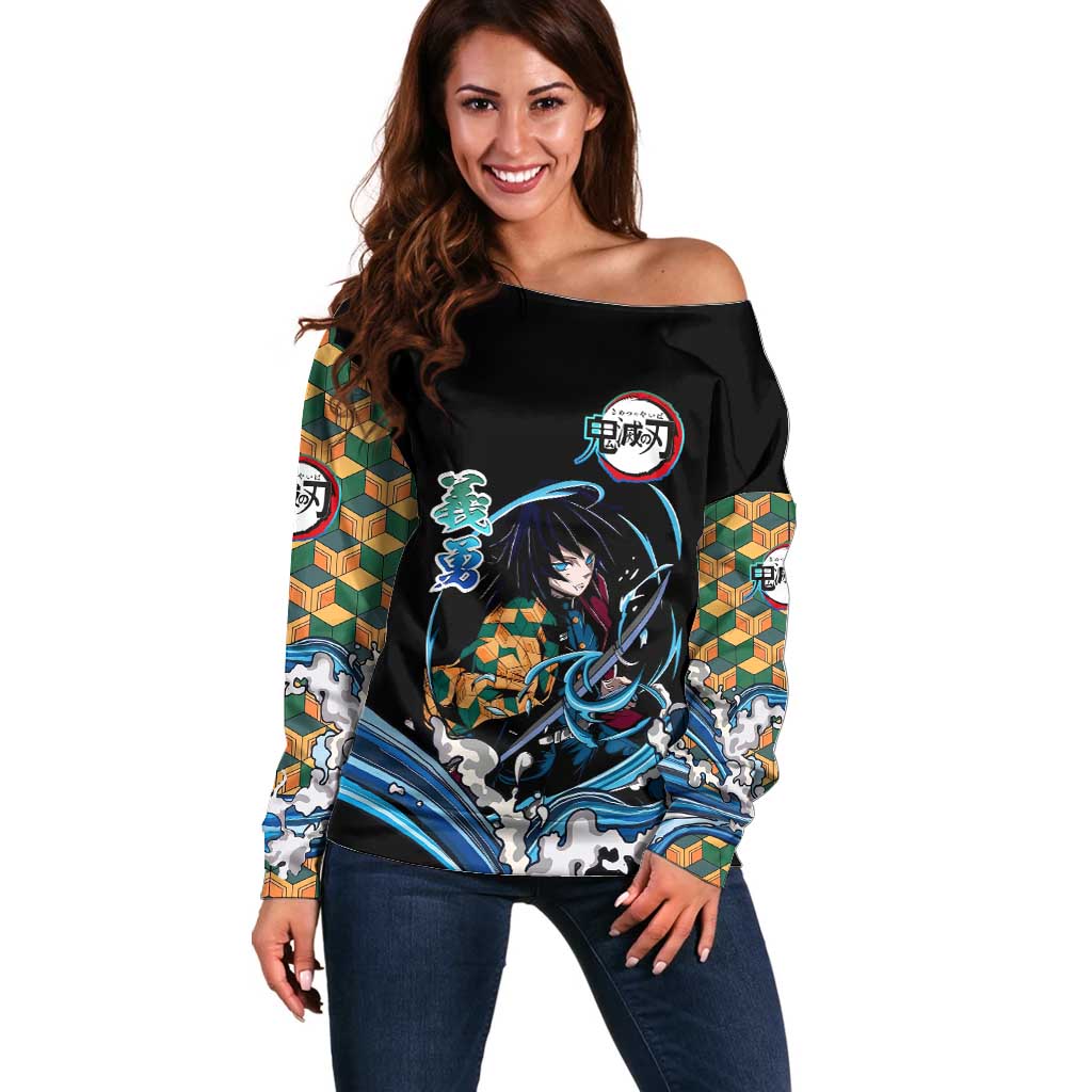Giyu Tomioka Demon Slayer Off Shoulder Sweater with Green and Orange Cube Water Style Design - The Mazicc