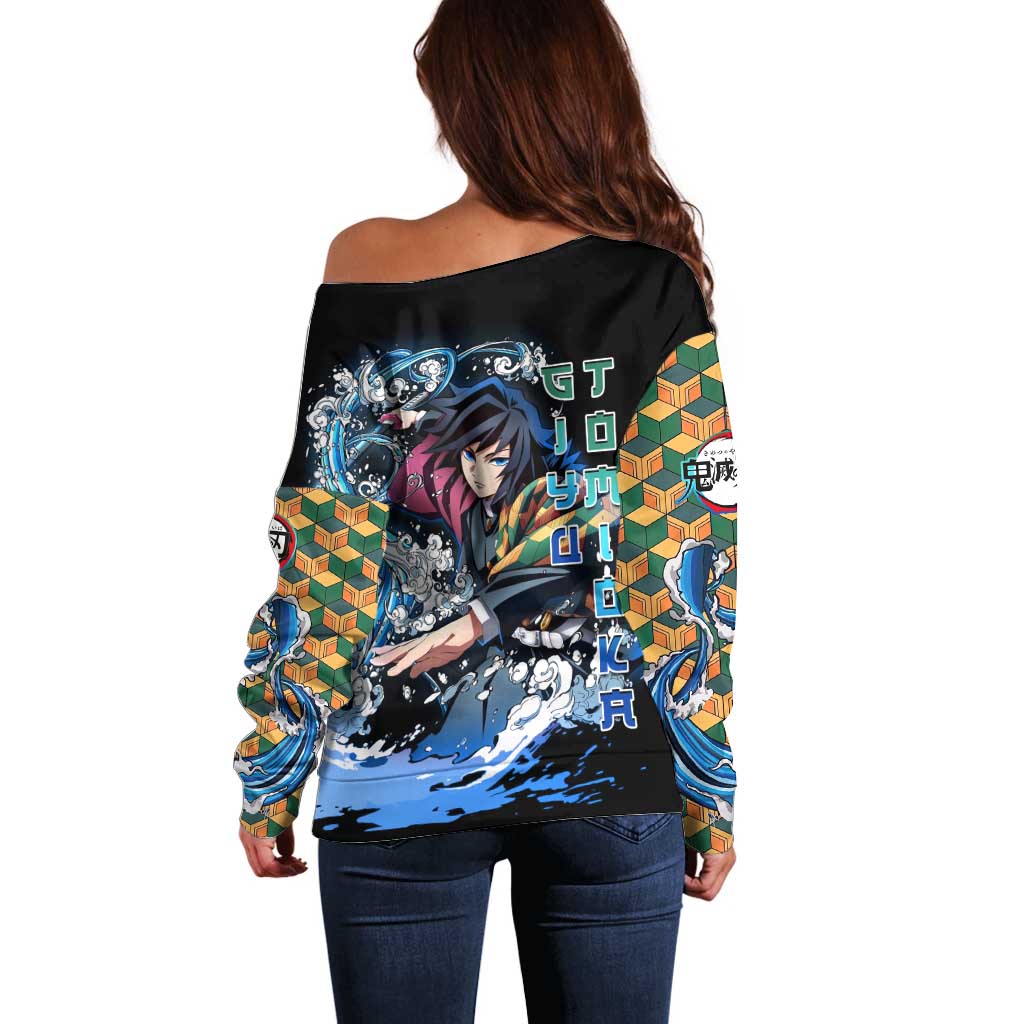 Giyu Tomioka Demon Slayer Off Shoulder Sweater with Green and Orange Cube Water Style Design - The Mazicc