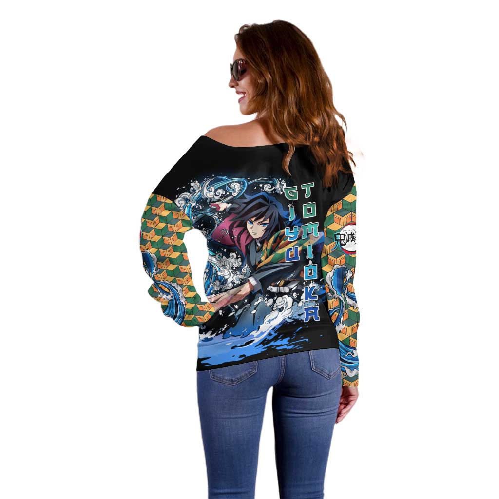Giyu Tomioka Demon Slayer Off Shoulder Sweater with Green and Orange Cube Water Style Design - The Mazicc