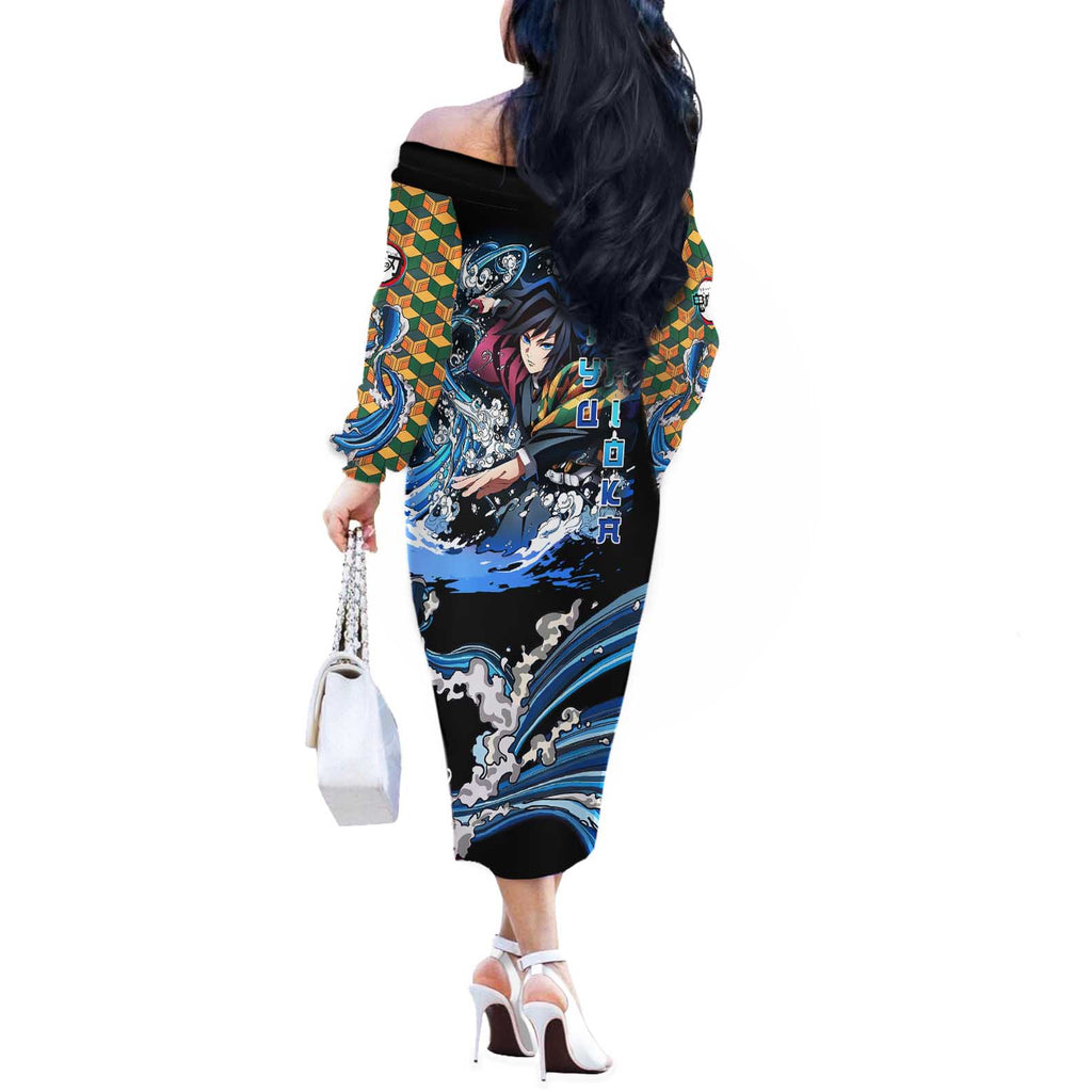 Giyu Tomioka Demon Slayer Off The Shoulder Long Sleeve Dress with Green and Orange Cube Water Style Design - The Mazicc