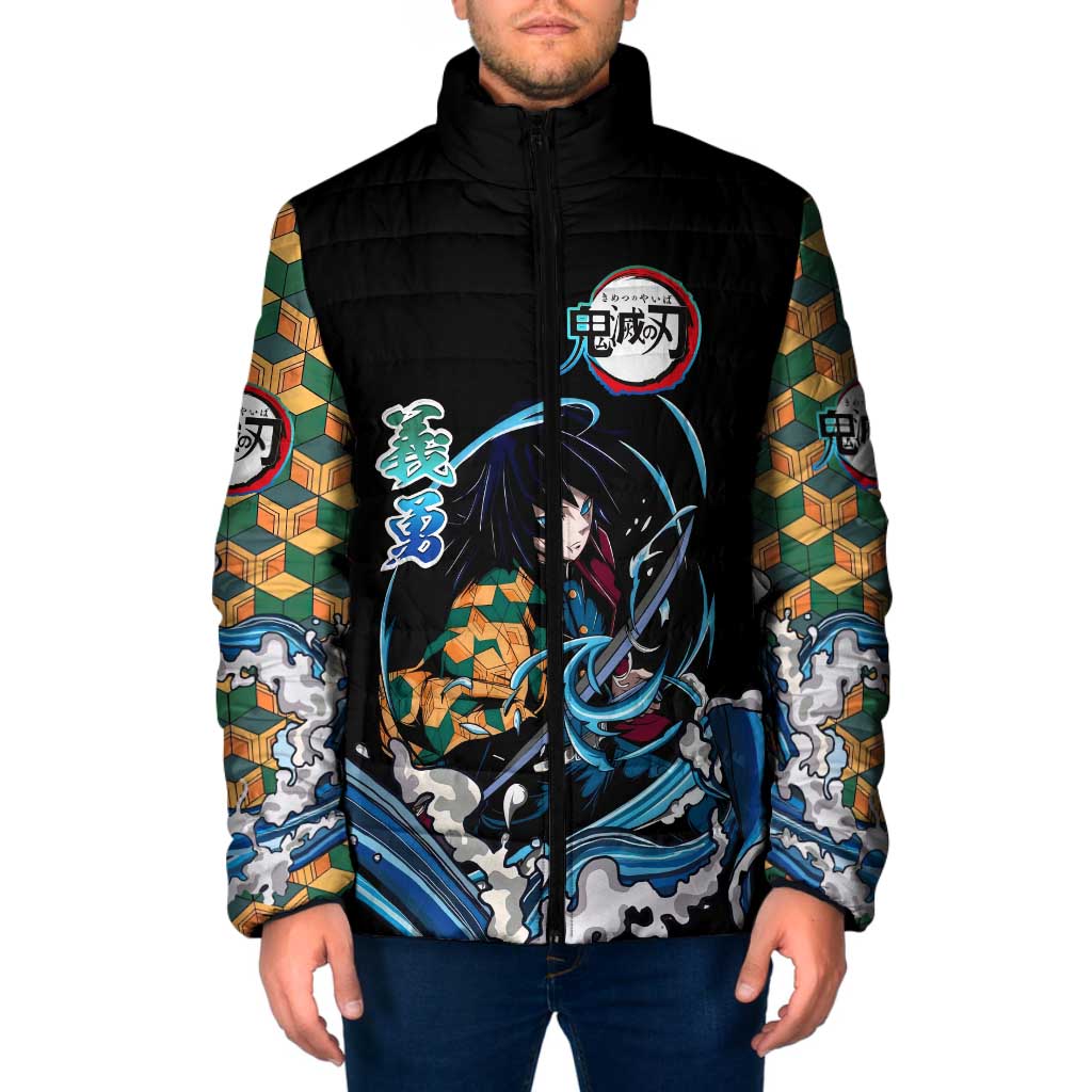 Giyu Tomioka Demon Slayer Padded Jacket with Green and Orange Cube Water Style Design - The Mazicc