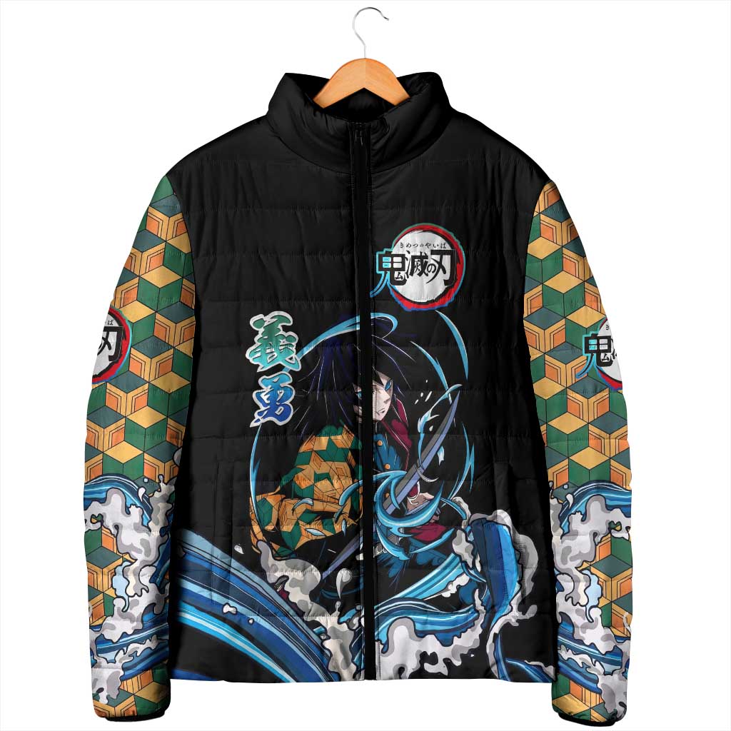 Giyu Tomioka Demon Slayer Padded Jacket with Green and Orange Cube Water Style Design - The Mazicc