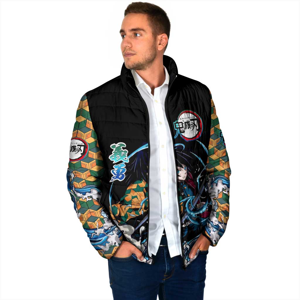 Giyu Tomioka Demon Slayer Padded Jacket with Green and Orange Cube Water Style Design - The Mazicc