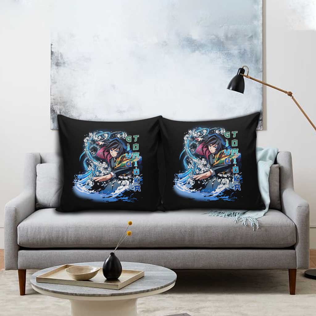 Giyu Tomioka Demon Slayer Pillow Cover with Green and Orange Cube Water Style Design - The Mazicc