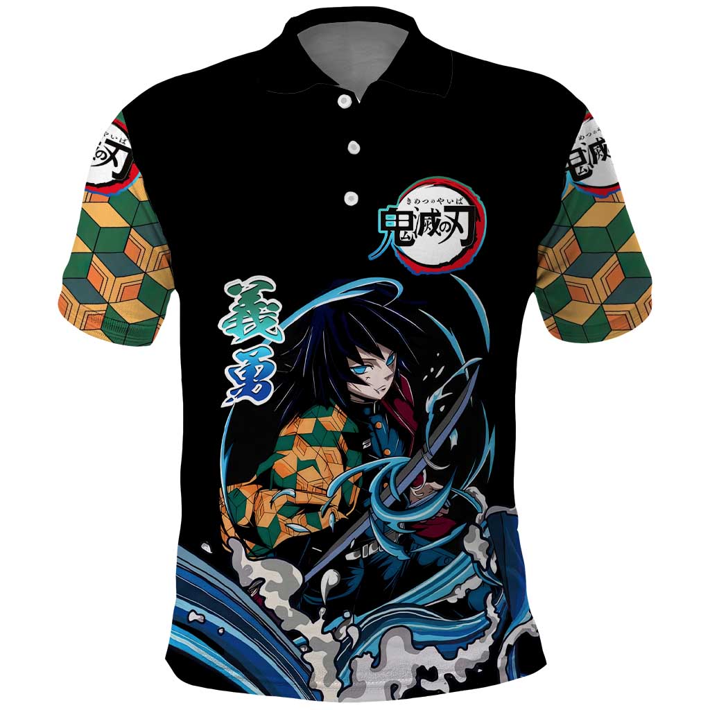Giyu Tomioka Demon Slayer Polo Shirt with Green and Orange Cube Water Style Design - The Mazicc