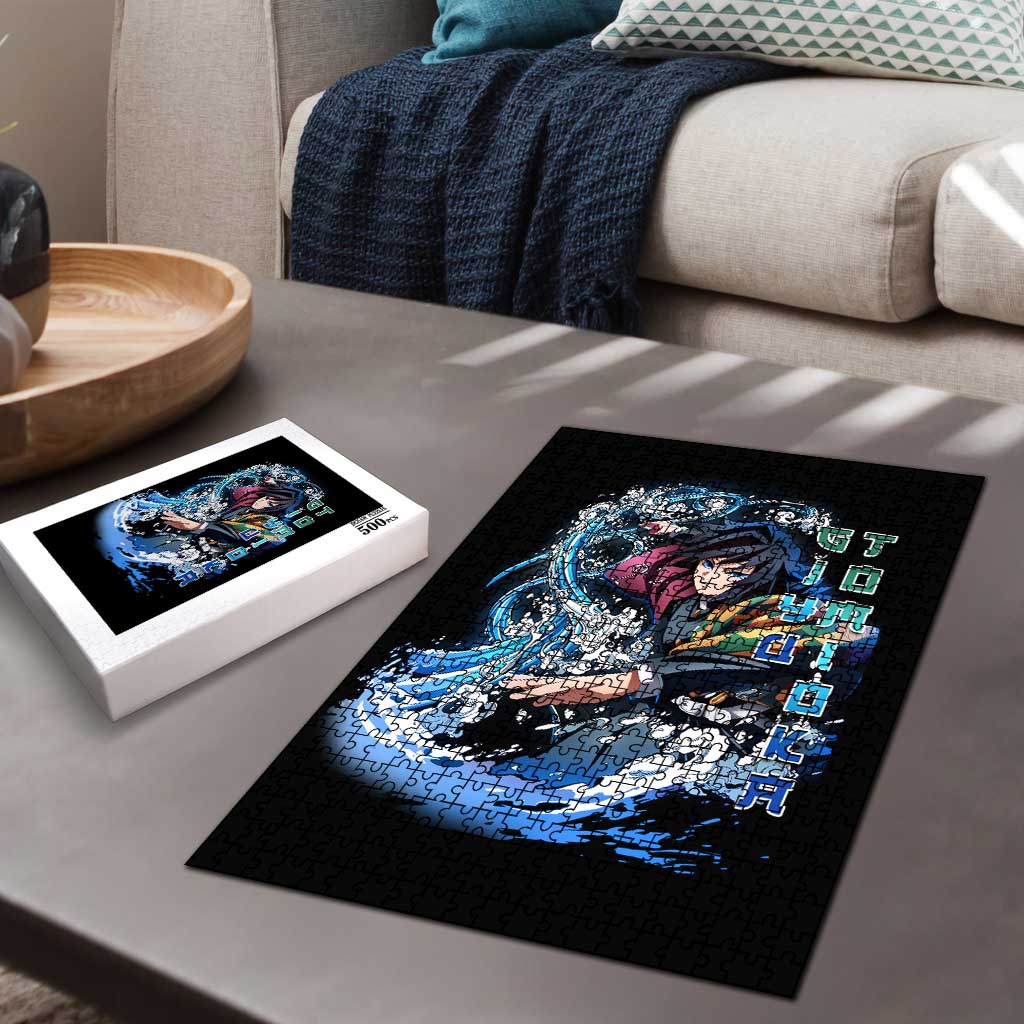 Giyu Tomioka Demon Slayer Puzzle with Green and Orange Cube Water Style Design - The Mazicc