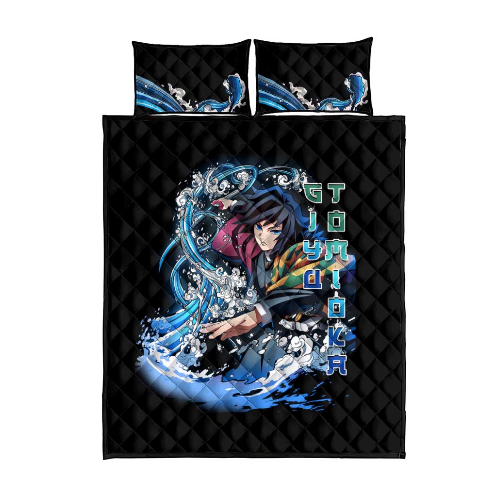 Giyu Tomioka Demon Slayer Quilt Bed Set with Green and Orange Cube Water Style Design - The Mazicc