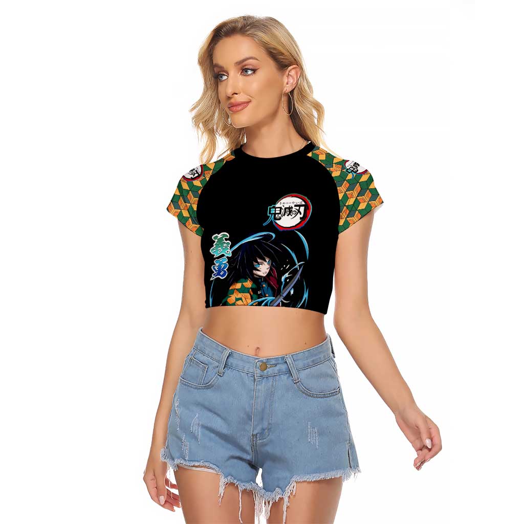 Giyu Tomioka Demon Slayer Raglan Cropped T Shirt with Green and Orange Cube Water Style Design - The Mazicc