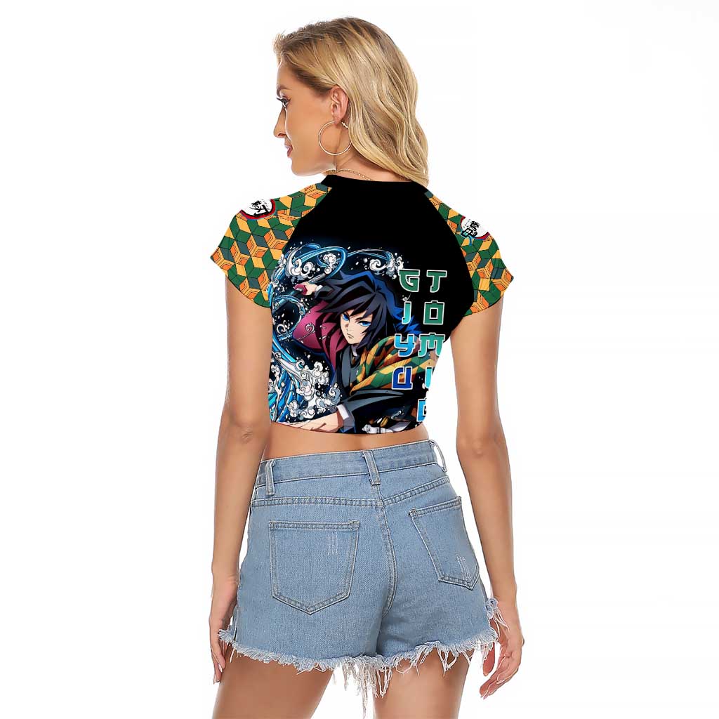 Giyu Tomioka Demon Slayer Raglan Cropped T Shirt with Green and Orange Cube Water Style Design - The Mazicc