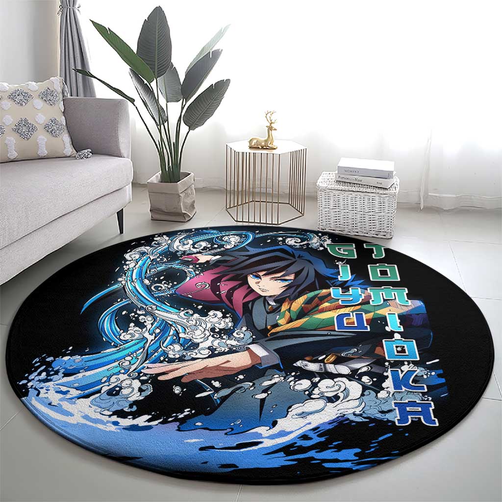 Giyu Tomioka Demon Slayer Round Carpet with Green and Orange Cube Water Style Design - The Mazicc