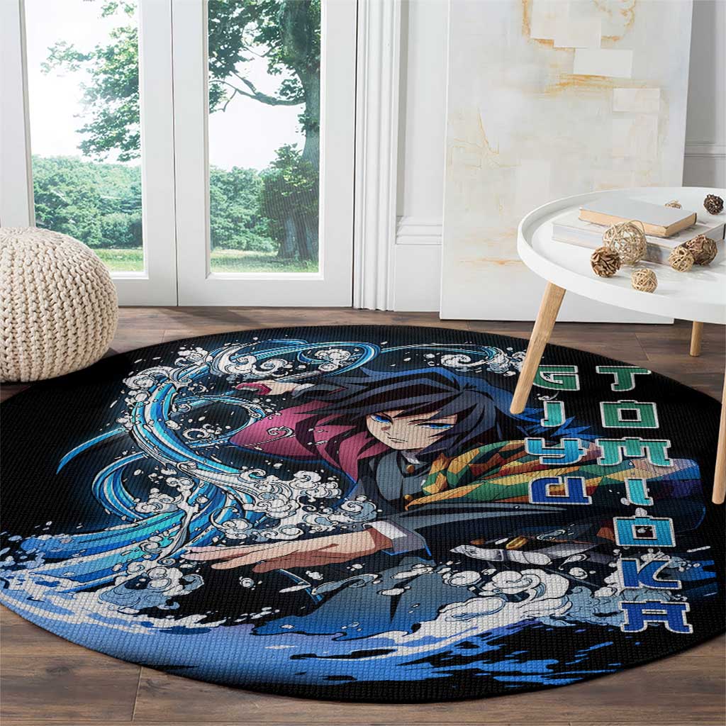 Giyu Tomioka Demon Slayer Round Carpet with Green and Orange Cube Water Style Design - The Mazicc