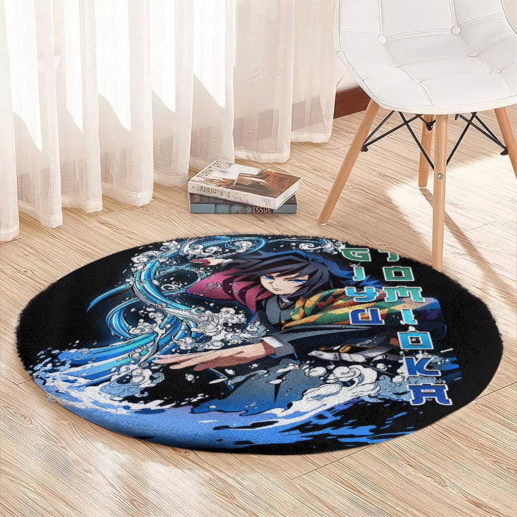 Giyu Tomioka Demon Slayer Round Carpet with Green and Orange Cube Water Style Design - The Mazicc