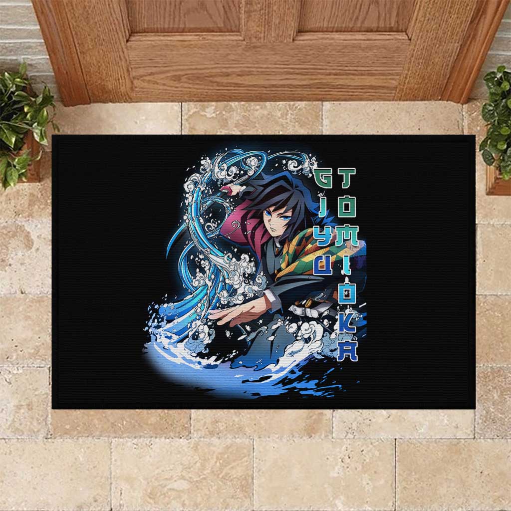 Giyu Tomioka Demon Slayer Rubber Doormat with Green and Orange Cube Water Style Design - The Mazicc
