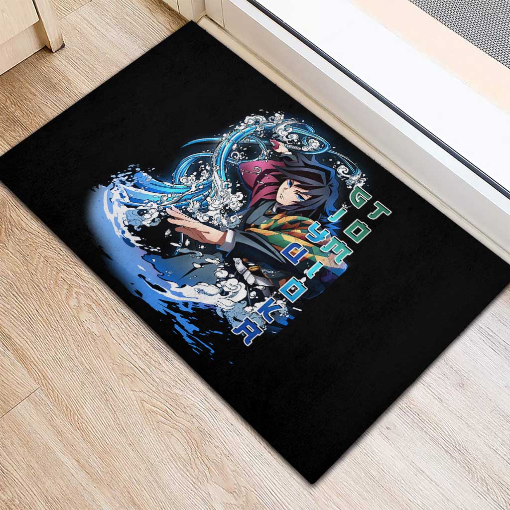 Giyu Tomioka Demon Slayer Rubber Doormat with Green and Orange Cube Water Style Design - The Mazicc