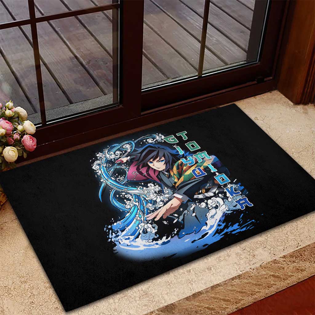 Giyu Tomioka Demon Slayer Rubber Doormat with Green and Orange Cube Water Style Design - The Mazicc