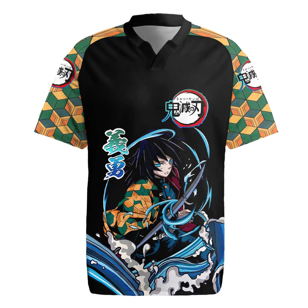 Giyu Tomioka Demon Slayer Rugby Jersey with Green and Orange Cube Water Style Design - The Mazicc