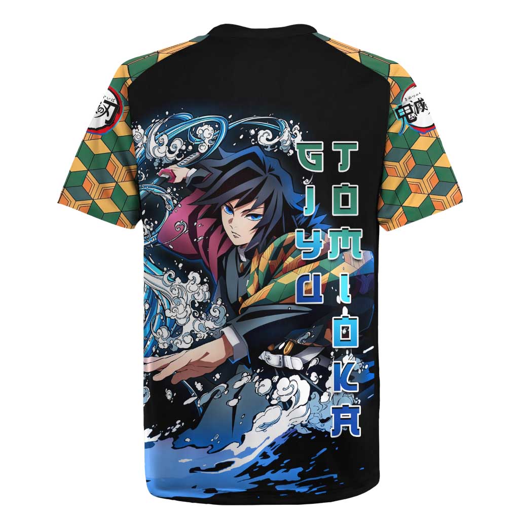 Giyu Tomioka Demon Slayer Rugby Jersey with Green and Orange Cube Water Style Design - The Mazicc