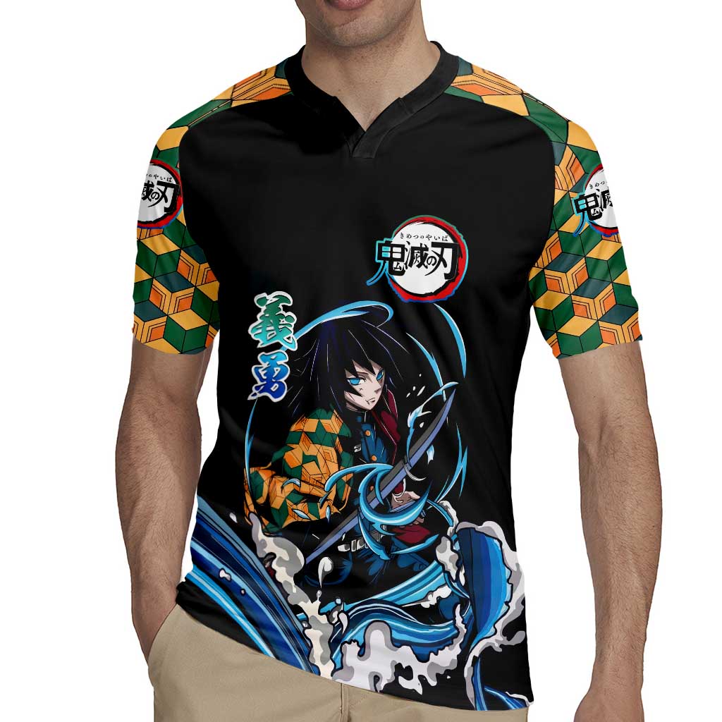 Giyu Tomioka Demon Slayer Rugby Jersey with Green and Orange Cube Water Style Design - The Mazicc