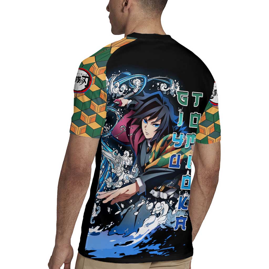 Giyu Tomioka Demon Slayer Rugby Jersey with Green and Orange Cube Water Style Design - The Mazicc