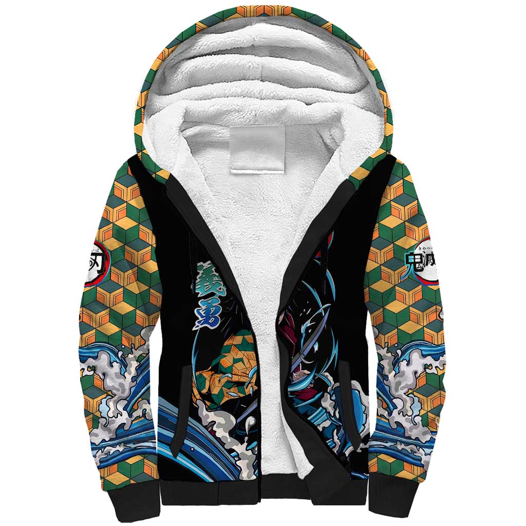 Giyu Tomioka Demon Slayer Sherpa Hoodie with Green and Orange Cube Water Style Design - The Mazicc