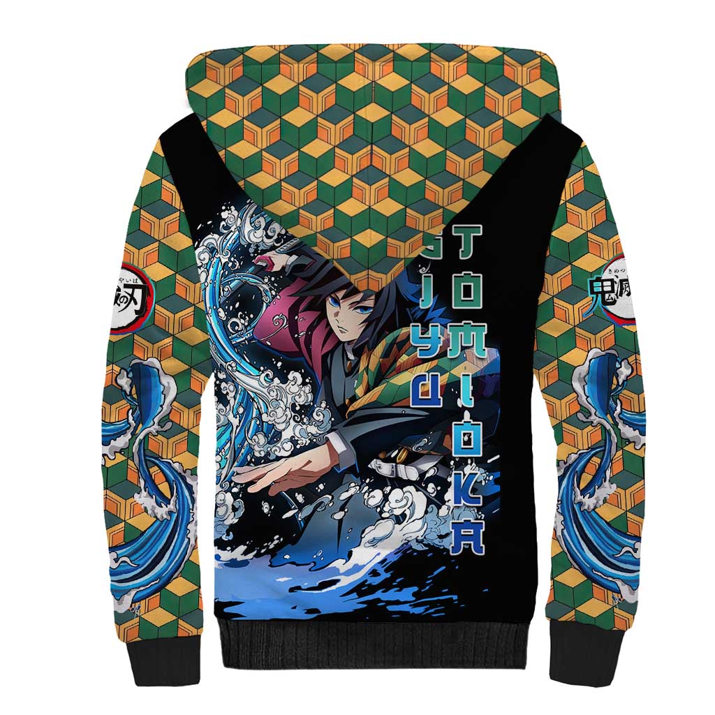 Giyu Tomioka Demon Slayer Sherpa Hoodie with Green and Orange Cube Water Style Design - The Mazicc