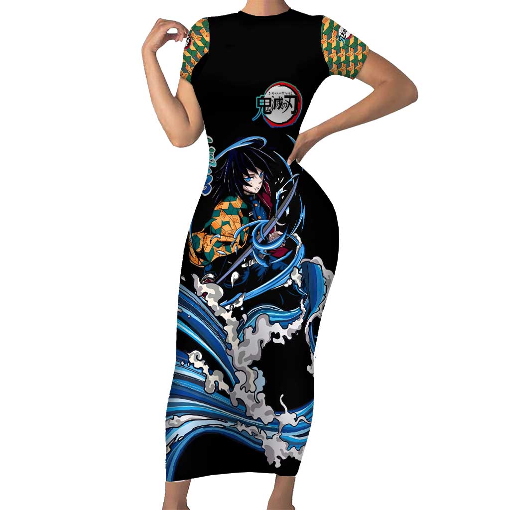 Giyu Tomioka Demon Slayer Short Sleeve Bodycon Dress with Green and Orange Cube Water Style Design - The Mazicc