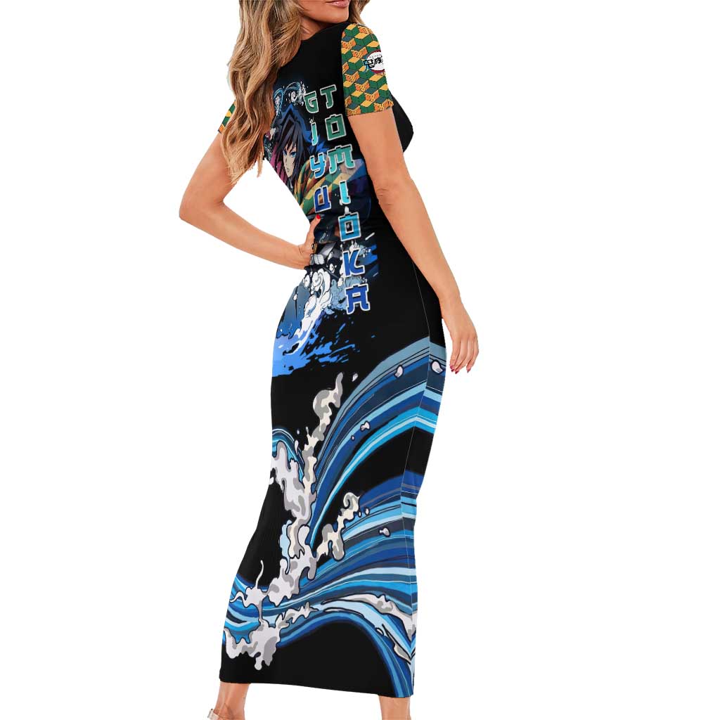 Giyu Tomioka Demon Slayer Short Sleeve Bodycon Dress with Green and Orange Cube Water Style Design - The Mazicc