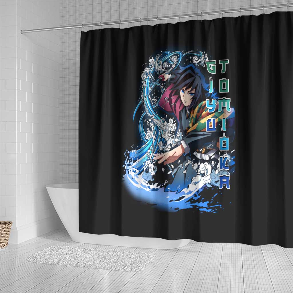 Giyu Tomioka Demon Slayer Shower Curtain with Green and Orange Cube Water Style Design - The Mazicc
