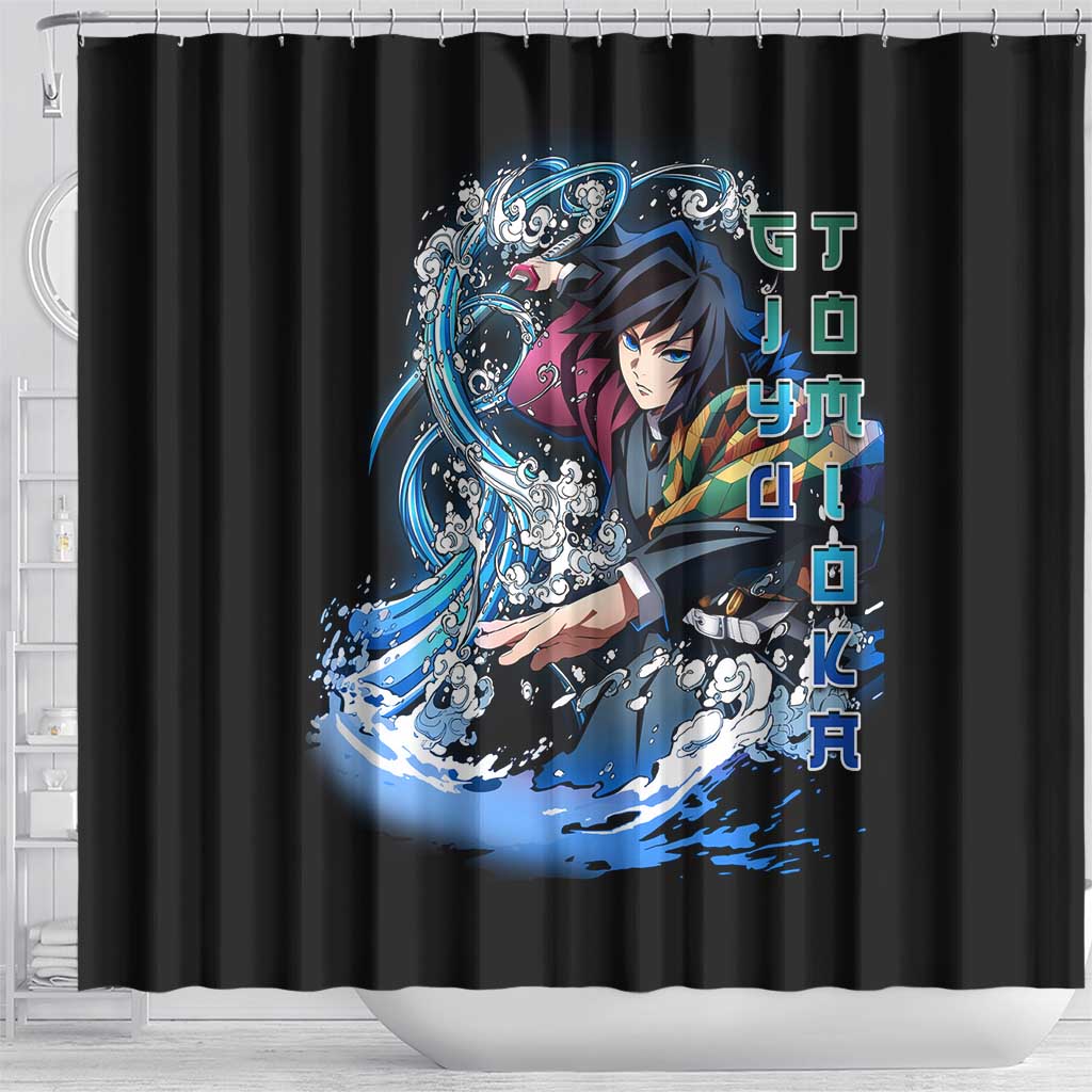 Giyu Tomioka Demon Slayer Shower Curtain with Green and Orange Cube Water Style Design - The Mazicc