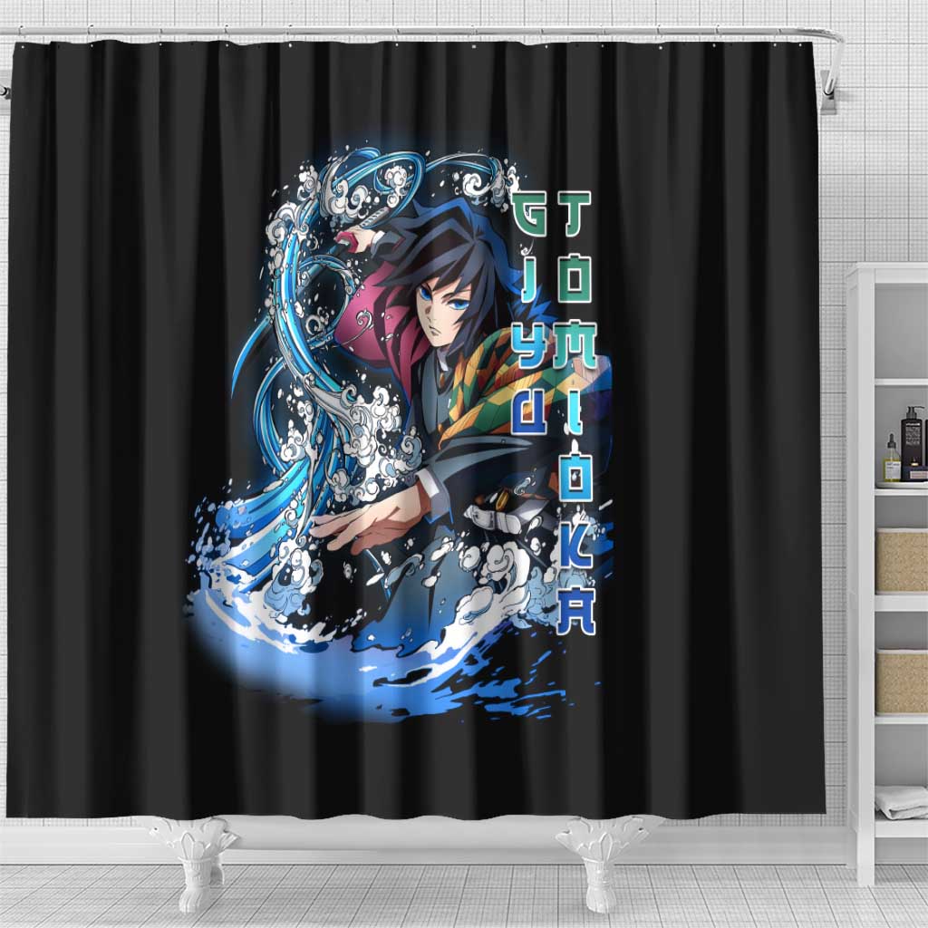 Giyu Tomioka Demon Slayer Shower Curtain with Green and Orange Cube Water Style Design - The Mazicc