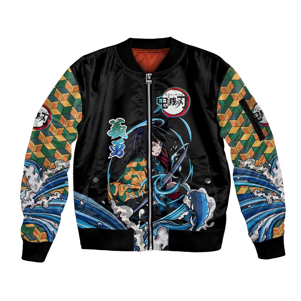 Giyu Tomioka Demon Slayer Sleeve Zip Bomber Jacket with Green and Orange Cube Water Style Design - The Mazicc