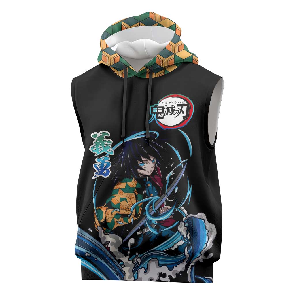 Giyu Tomioka Demon Slayer Sleeveless Hoodie with Green and Orange Cube Water Style Design - The Mazicc