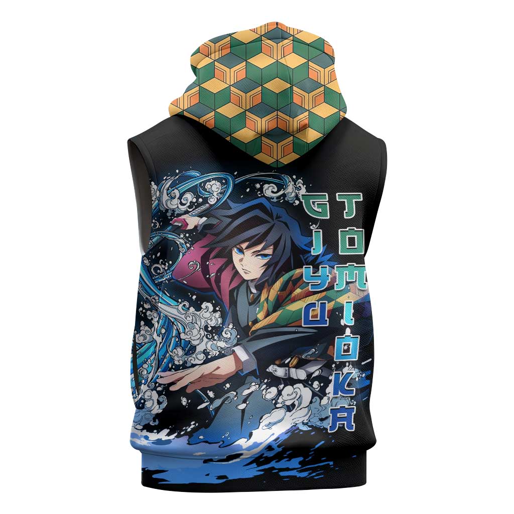 Giyu Tomioka Demon Slayer Sleeveless Hoodie with Green and Orange Cube Water Style Design - The Mazicc