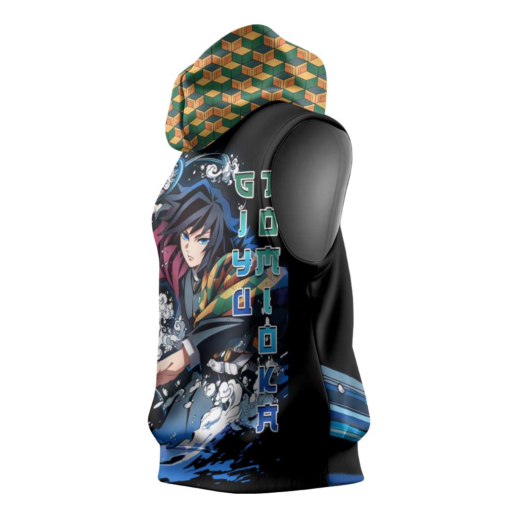 Giyu Tomioka Demon Slayer Sleeveless Hoodie with Green and Orange Cube Water Style Design - The Mazicc
