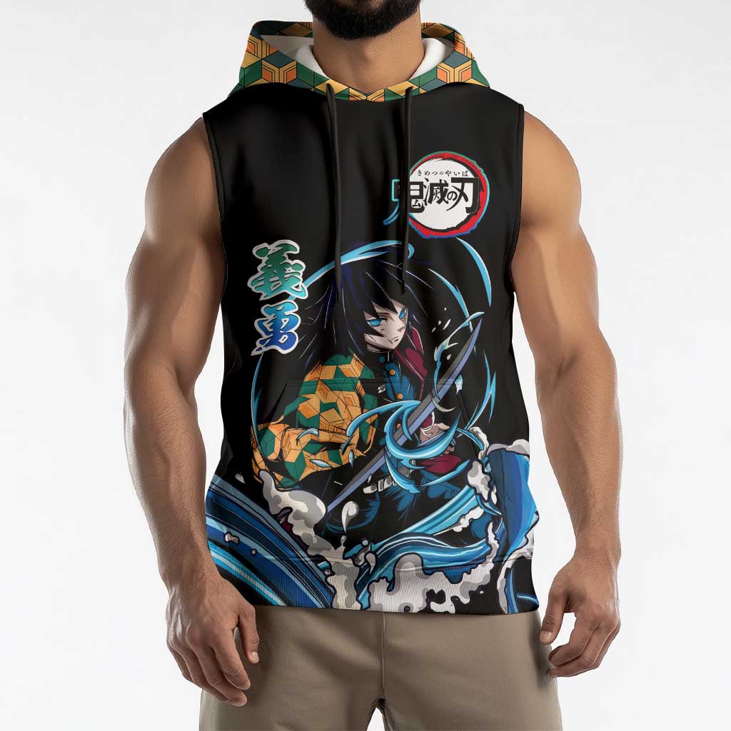 Giyu Tomioka Demon Slayer Sleeveless Hoodie with Green and Orange Cube Water Style Design - The Mazicc