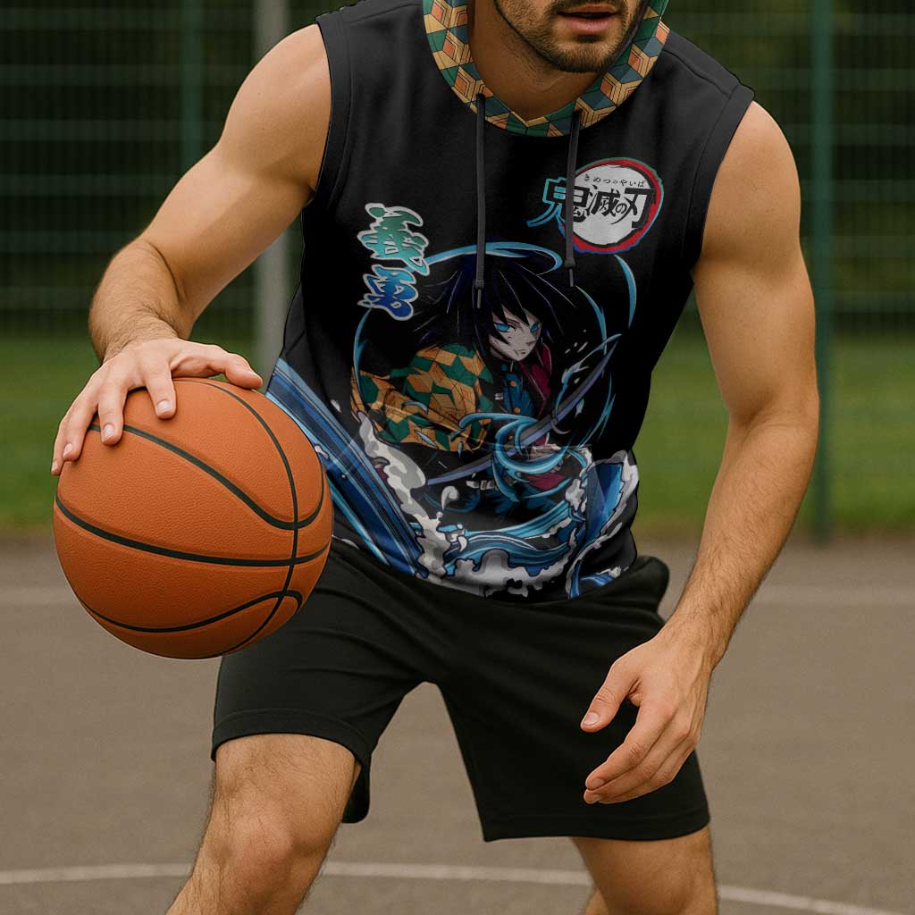 Giyu Tomioka Demon Slayer Sleeveless Hoodie with Green and Orange Cube Water Style Design - The Mazicc
