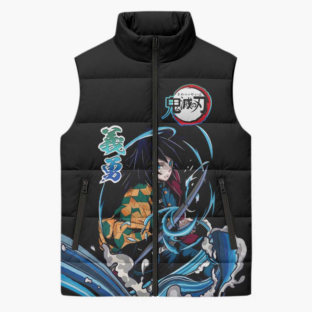 Giyu Tomioka Demon Slayer Sleeveless Puffer Jacket with Green and Orange Cube Water Style Design - The Mazicc