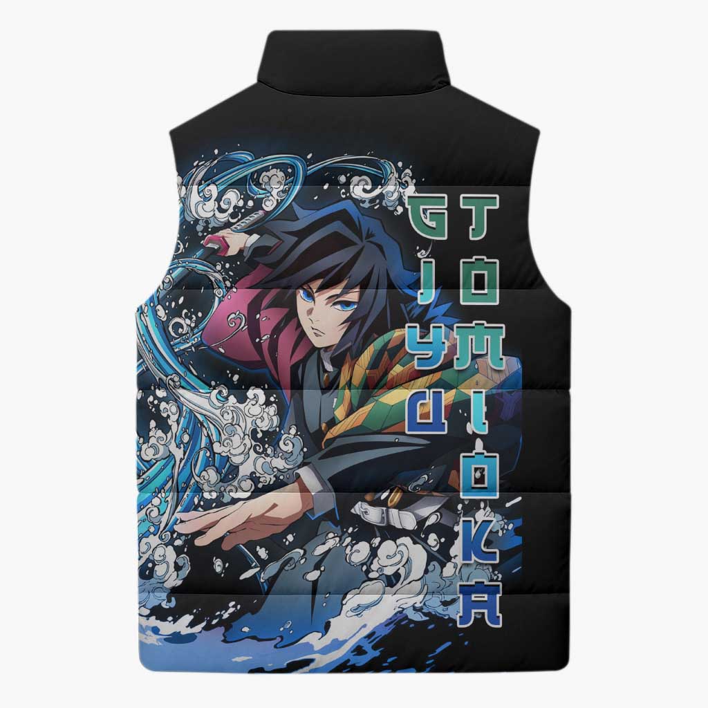 Giyu Tomioka Demon Slayer Sleeveless Puffer Jacket with Green and Orange Cube Water Style Design - The Mazicc
