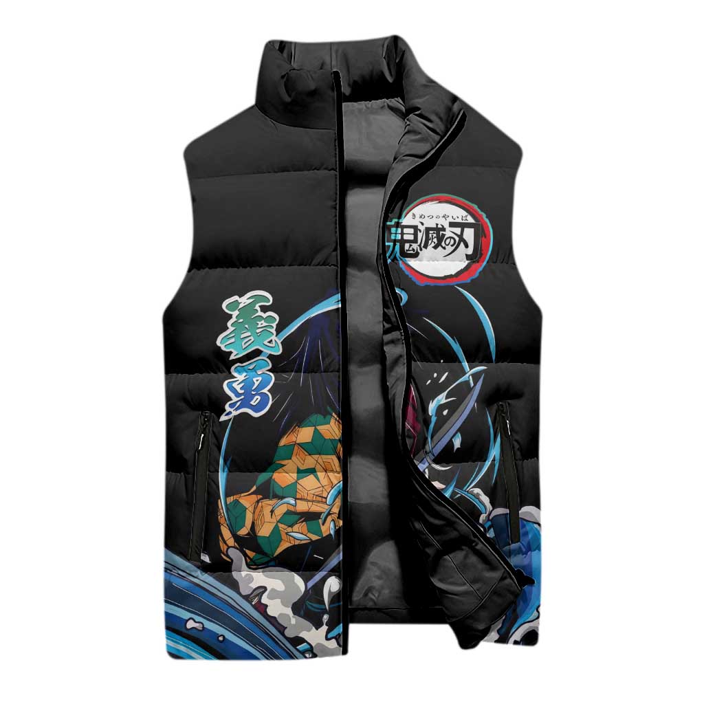 Giyu Tomioka Demon Slayer Sleeveless Puffer Jacket with Green and Orange Cube Water Style Design - The Mazicc